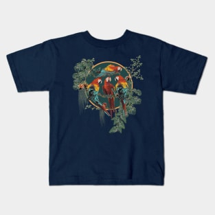 Polygonal Illustration of  scarlet Macaw birds with Amazon plants Kids T-Shirt